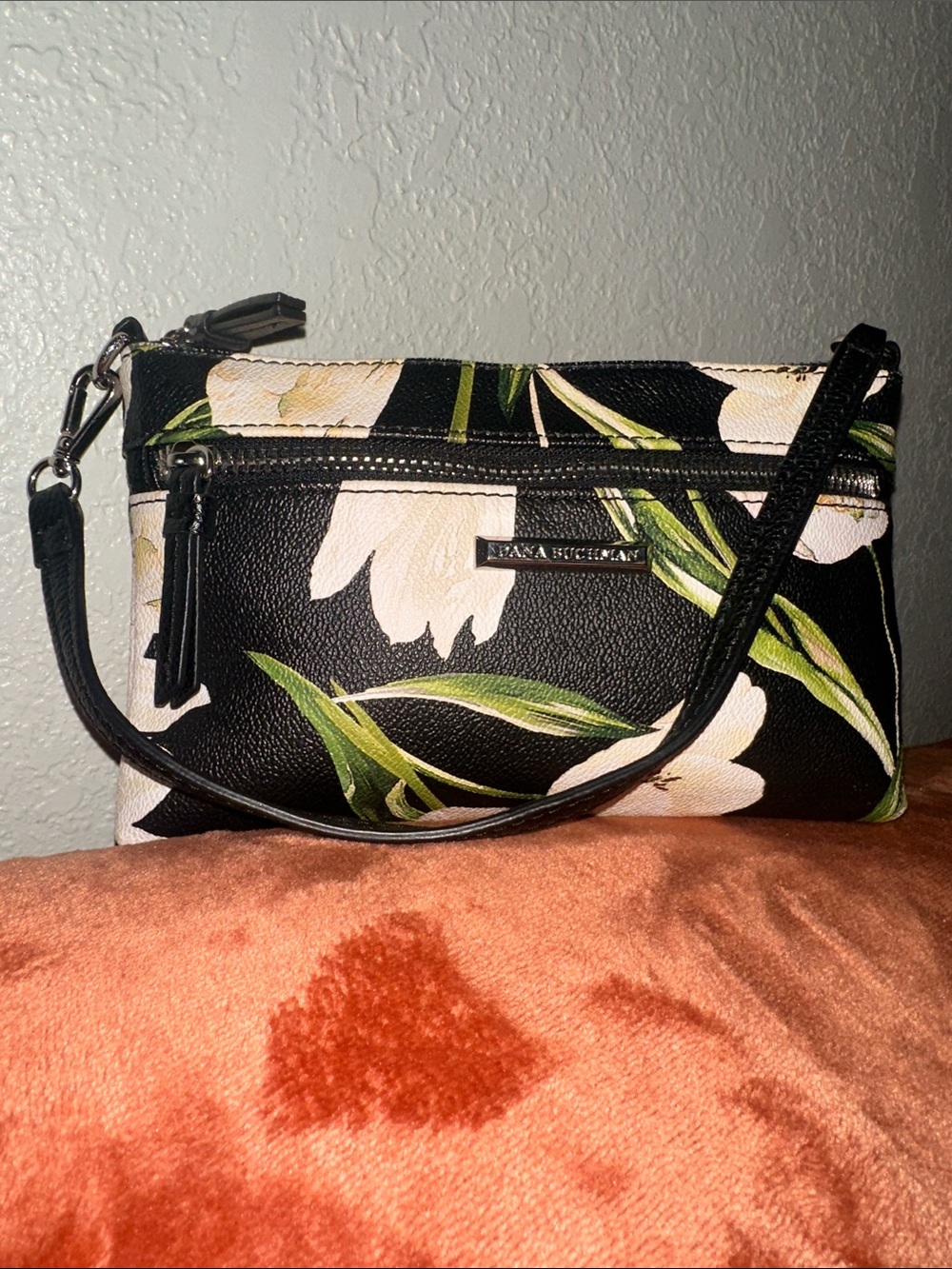 Dana Buchman Black Floral Crossbody with White Flowers and Green Leaves